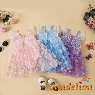 Macacão Vestido de linha A sem mangas para infantil/Bebês menina 0 -24 meses /detalhes de borboleta plissada em tule para festa, azul/roxo/rosa.