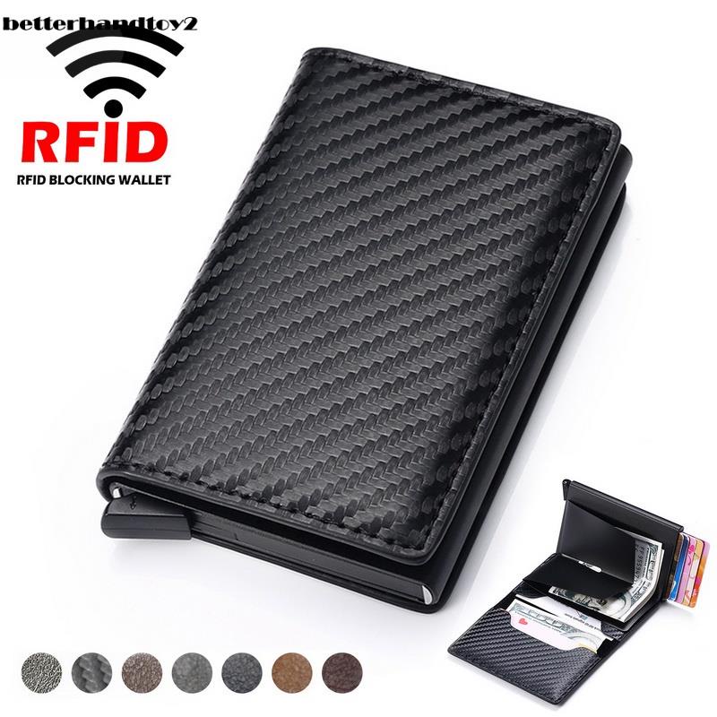 Fibra de carbono titular do cartão carteiras homens marca rfid preto magia trifold couro fino mini carteira