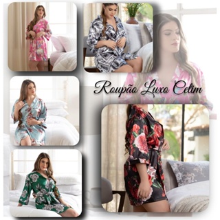 Roupa Roupao Cetim Seda Luxo Estampado Floral Manga Media Leve Veste M/G