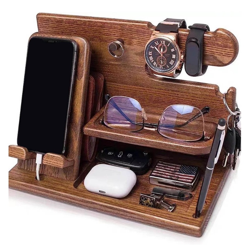 HO Estação De Acoplamento De Madeira Carteira Telefônica Stand Watch Aniversário Para O Pai Masculino