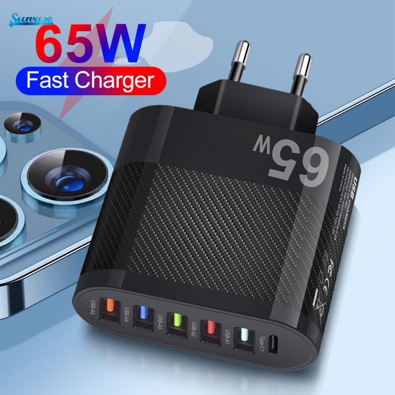 Novo Delicado 65W 6 Portas Tipo C USB Telefone Carregador Rápido Plug Conveniente 5V/3.5A Ue Eua Reino Unido Viagem Rápida Adaptador De Energia Do Cabeçote De Carregamento