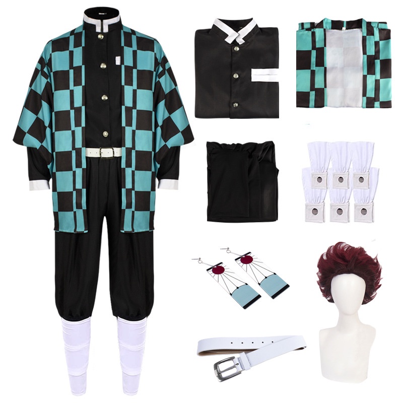 Demon Slayer Cosplay Costume Play Halloween Party Kamado Tanjirou Conjunto Completo Para Adultos E Crianças Cardigan Cloak Kimetsu No Yaiba
