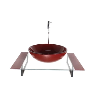 KIT CUBA DE VIDRO REDONDA COM TAMPO 60CM VERMELHO CEREJA E SUPORTE PRETO