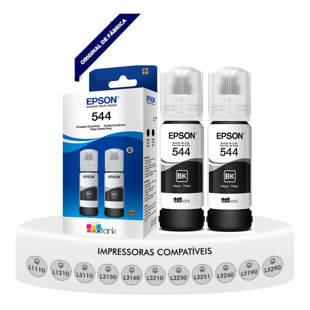 Kit 2 Refil Tinta Epson 544 Original L3110 L3150 L5190 L3250 Preta ...