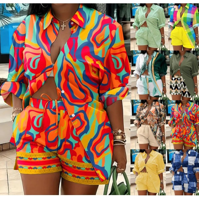 Moda Feminina Floral De Verão Impressão Duas Peças Conjuntos De Escritório Lady Casual Shirt Calções Individuais Roupas Femininas