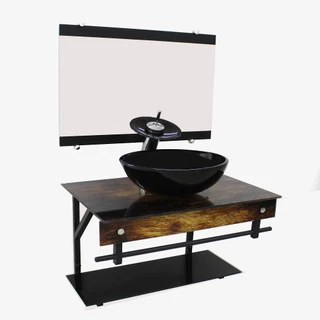 GABINETE DE VIDRO 60CM APX COM CUBA REDONDA MADEIRA RÚSTICA