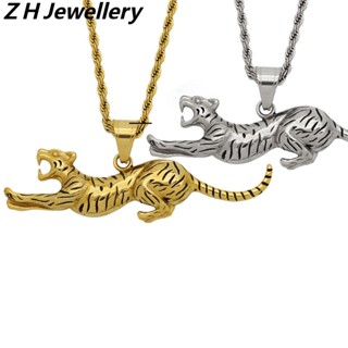 [Z H Jóias] Retro 18K Pingente Leopardo Dourado Hip Hop Moda Masculina E Feminina Colar De Aço Inoxidável Punk Party Rock Titanium Steel Jewelry Acessórios
