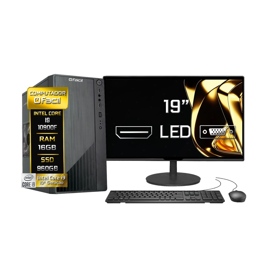 Computador Completo Fácil Intel Core i9 10900F (10ª Geração) 16GB DDR4 Geforce Nvidia SSD 960GB Monitor 19" Led