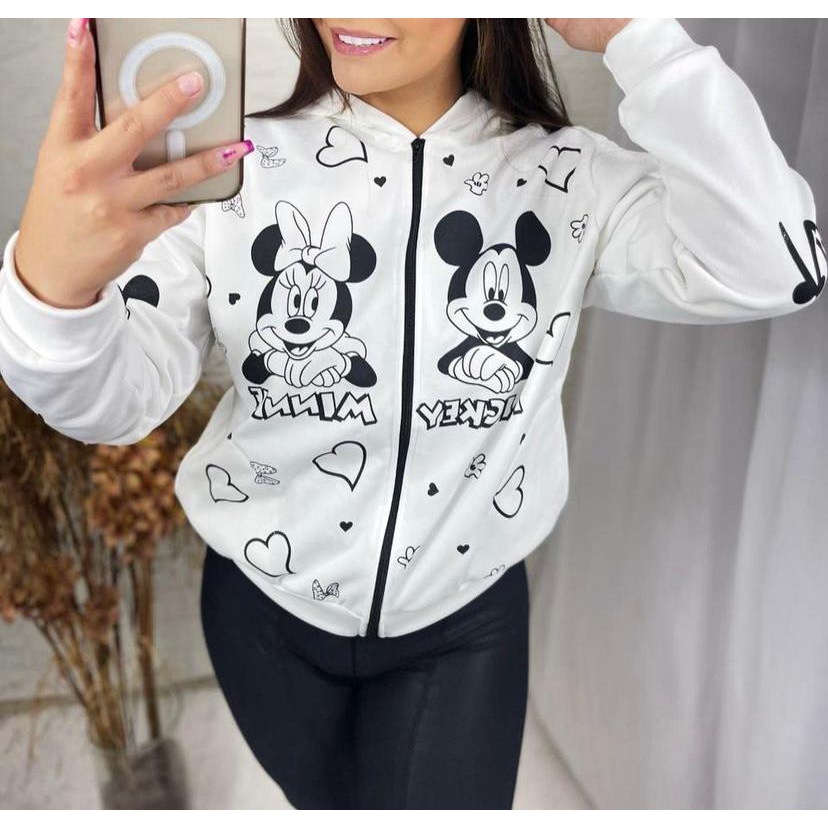 Moletom Feminino Blusa de Frio Minnie-Mickey Poliéster Casaco com Capuz adulto/Juvenil