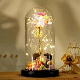 Presente De Natal Rosa Eterna Em Uma Cúpula De Vidro Com Decoração Light Home Artificial Folha De Ouro Flor De Casamento Valentine Presen
