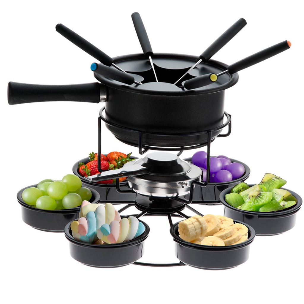 Conjunto Panela Fondue Aparelho Giratório 16 pc Aspen Completo Kit Fundi Carrossel c/ Rechaud Receitas Doce