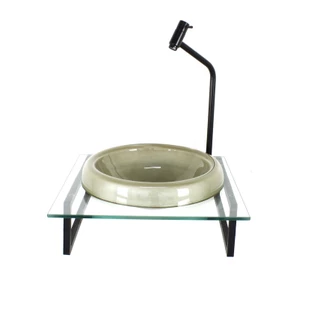 GABINETE COM CUBA DE VIDRO CHAPEU 10MM CHAMPANHE COM TAMPO 40CM INCOLOR MAIS TORNEIRA METAL PRETA
