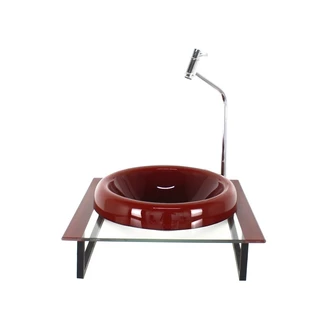 GABINETE COM CUBA DE VIDRO CHAPEU 10MM COM TAMPO 40CM VERMELHO CEREJA MAIS TORNEIRA METAL CROMADA