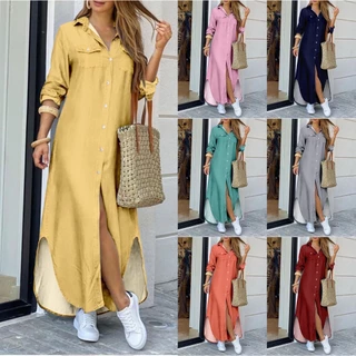 2022 Primavera Outono Camisa Elegante Feminina De Manga Longa Botão Cor Sólida Vestido Casual Longo Solto