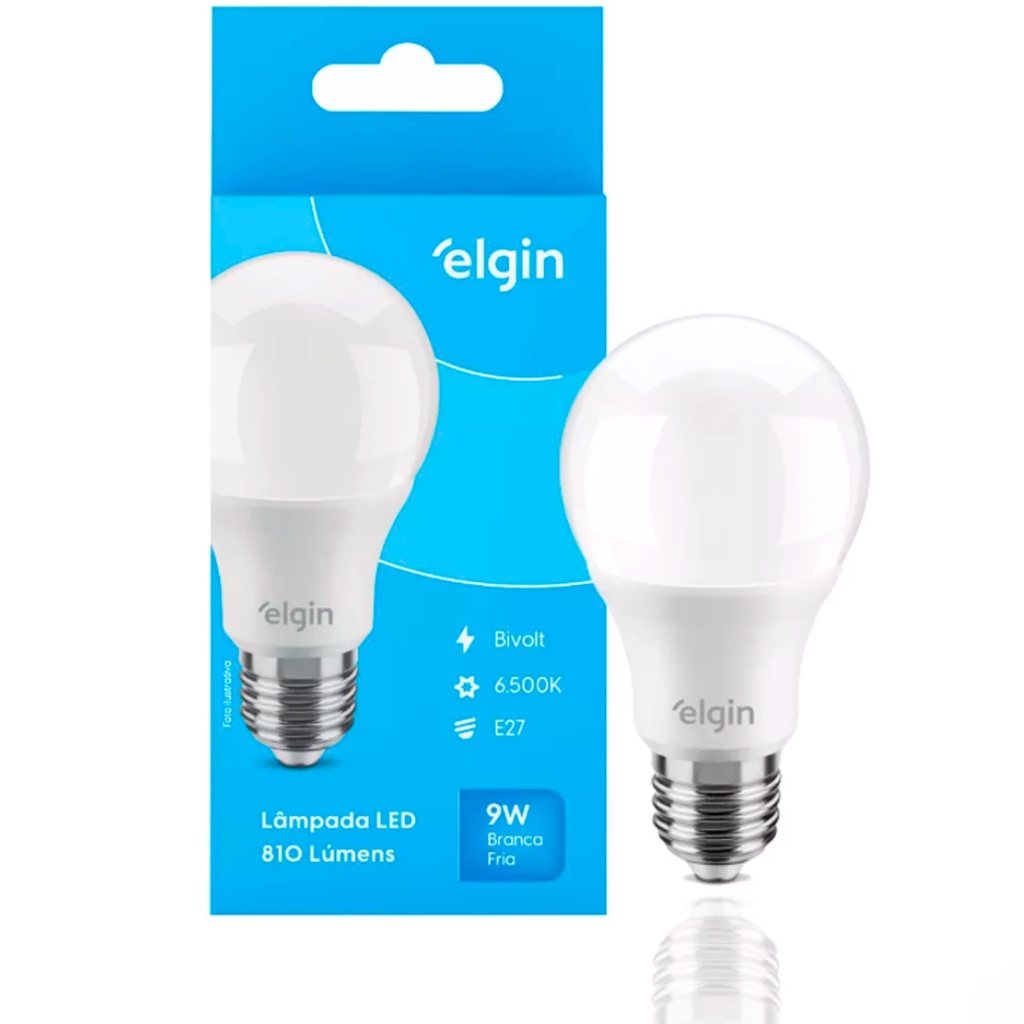 L mpada led branca fria e27 bivolt bulbo a60 9w 6500k soquete luz elgin