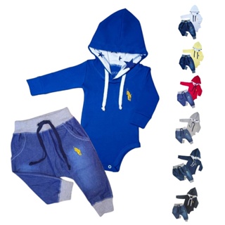 Kit 2 Peças sendo 1 Body Suedine com Capuz e 1 Calça Jeans