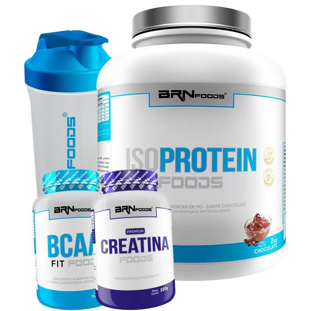 Kit Whey Protein Iso Protein Foods 2kg Baunilha + Creatina + BCAA + Coqueteleira – BRN FOODS