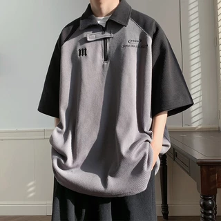 Camisa POLO Waffle POLO Homens de manga curta Populares de Manga Curta Tendência Literária de Tendência POLO Novo Estilo Preguiçoso de Manga Solta de Cinco Pontos