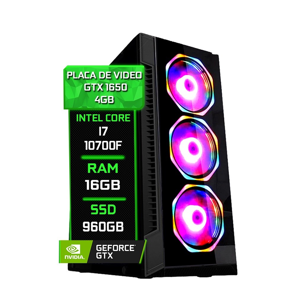 PC Gamer Fácil Intel Core i7 10700F (10ª Geração) 16GB DDR4 3000MHz GTX 1650 4GB SSD 960GB - Fonte 750w
