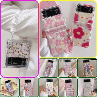 Flor De Coelho Impressão Estojo De Dobradiça Transparente Com Bracelete Pérola Samsung Galaxy Z Flip 4 3 Alça Dura De Três Seções
