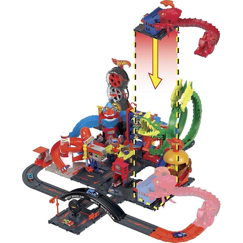 Hot Wheels - Pista de carros de brinquedo com garagem definitiva e dragão,  4 níveis, inclui 2 veículos ㅤ, HOT WHEELS SETS