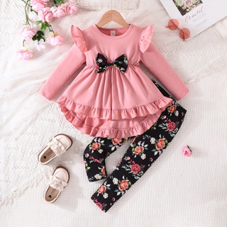 Conjunto Roupa Infantil Menina 1-6 anos Manga longa Camiseta babado Calças Floral Para Crianças