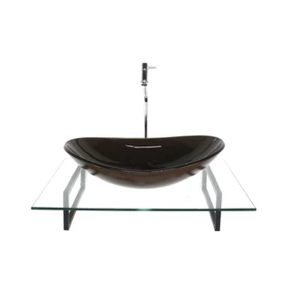KIT CUBA DE VIDRO OVAL MARROM COM TAMPO 60CM INCOLOR E SUPORTE PRETO