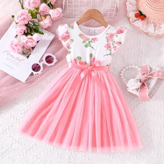 Vestido De Bebê Menina Crianças 4-7 anos Moda Verão Babado Manga Rosa lindo floral tule Vestidos Formais De Princesa Infantil
