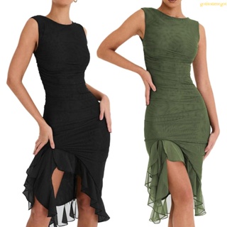 Black Silk Dress Women Sexy V-neck Sleeveless Hight Split Hem Knee