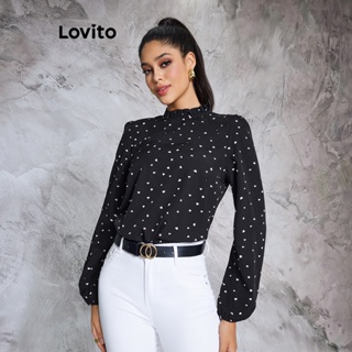 Lovito Blusa de Gola De Babado e Estampa de Poá para Mulheres LBE02035 (Preto)