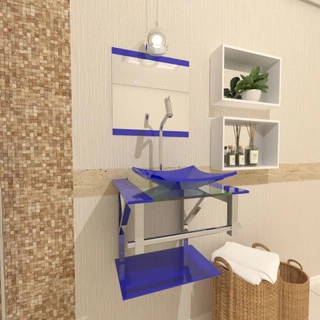 GABINETE DE VIDRO PARA BANHEIRO 40CM INOX AZUL ESCURO COM TORNEIRA