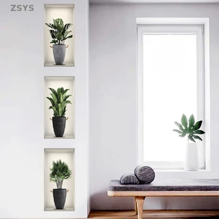 [ZSYS] 3 Folhas Adesivo De Parede De Planta Verde 3D Decalques Falso Casa Sala Quarto Papel de Parede Decorativo