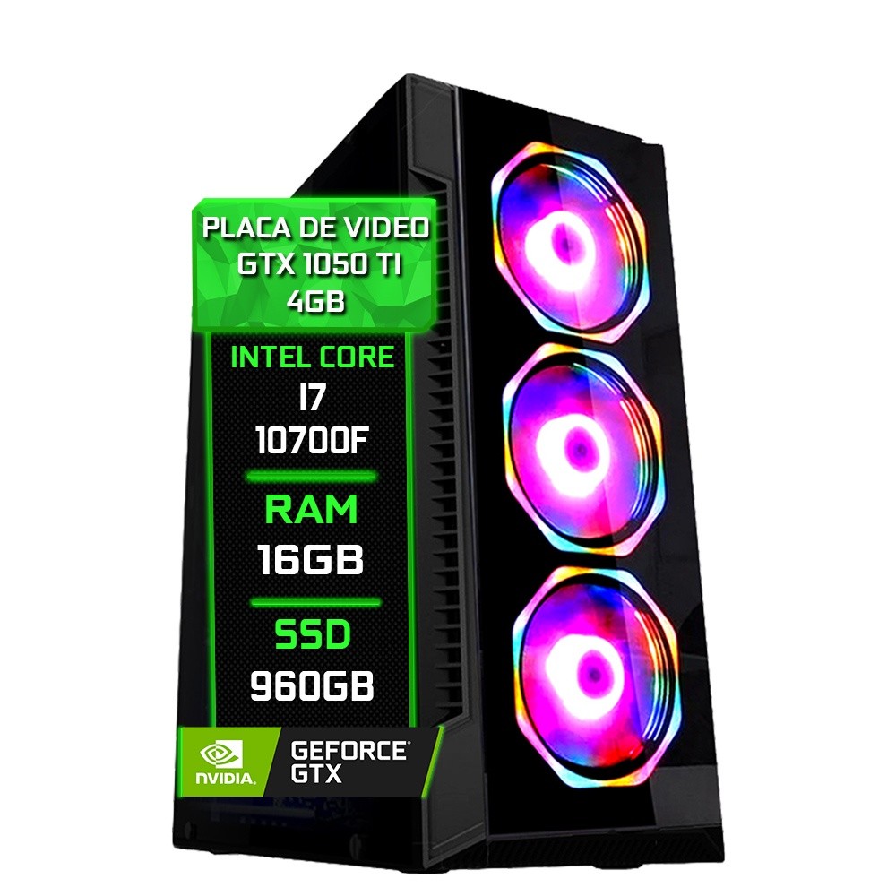 PC Gamer Fácil Intel Core i7 10700F (10ª Geração) 16GB DDR4 3000MHz GTX 1050ti 4GB SSD 960GB - Fonte 750w