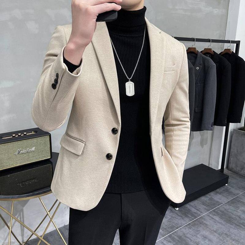 2023 [Estoque Pronto] Cabeleireiro Casual Suit Jacket Men Slim-Fit Versão Coreana Light Mature Thick Woolen Autumn Winter Small Top Trendy