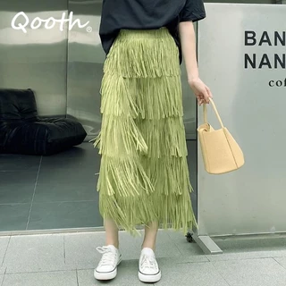 Qooth Women Tassel Splicing Saia Plissada Elegante Cintura Elástica Todos Combinam Longa Linha A Para Primavera Verão QT2140