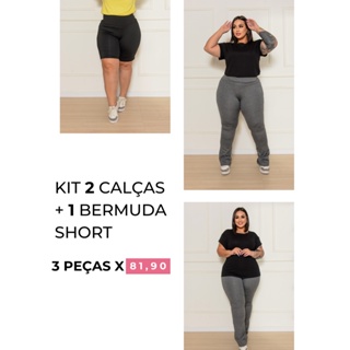 Kit 2 Calça Bailarina Legging Flare Basica Plus Size + 1 Bermuda Shorts