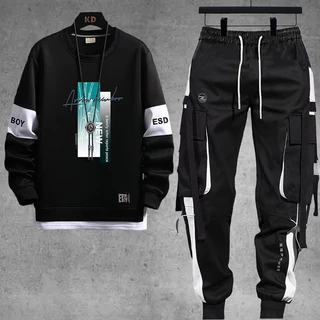 Camisa De Suor Confortável Para Homens Pescoço Redondo De Manga Longa + Calça De Carga Hip-Hop Joggers Preta Outono E Inverno 2023 Novo Estilo