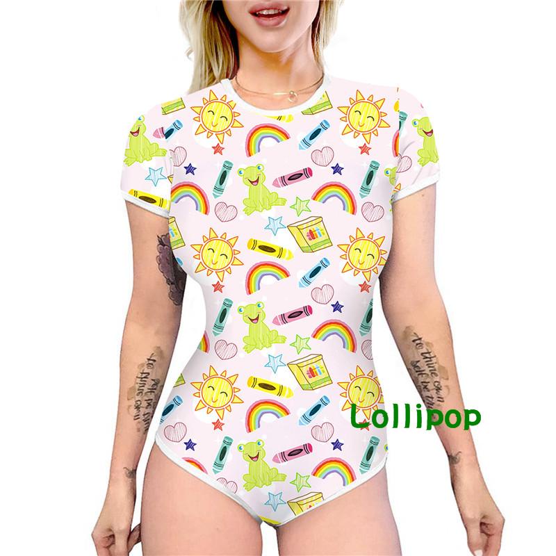 LOLLIPOPB-Mulheres Sexy Slim Romper Adultos Desenho Animado Impressão Fato De Brincar De Manga Curta Com Gola Redonda