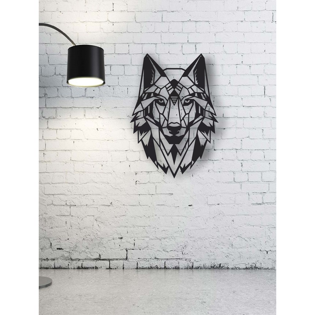 quadro Vazado Lobo Geométrico Decoração 44 Cm Mdf 3 Mm preto