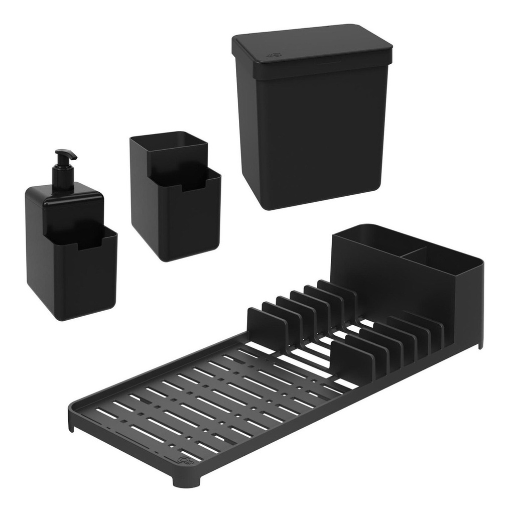 Kit 4 Peças Organize Sua Pia Single Lixeira Porta Pratos Dispenser Organizador Coza