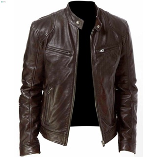 Jaqueta De Couro Slim Fit Zip-Up Retro Para Motocicletas