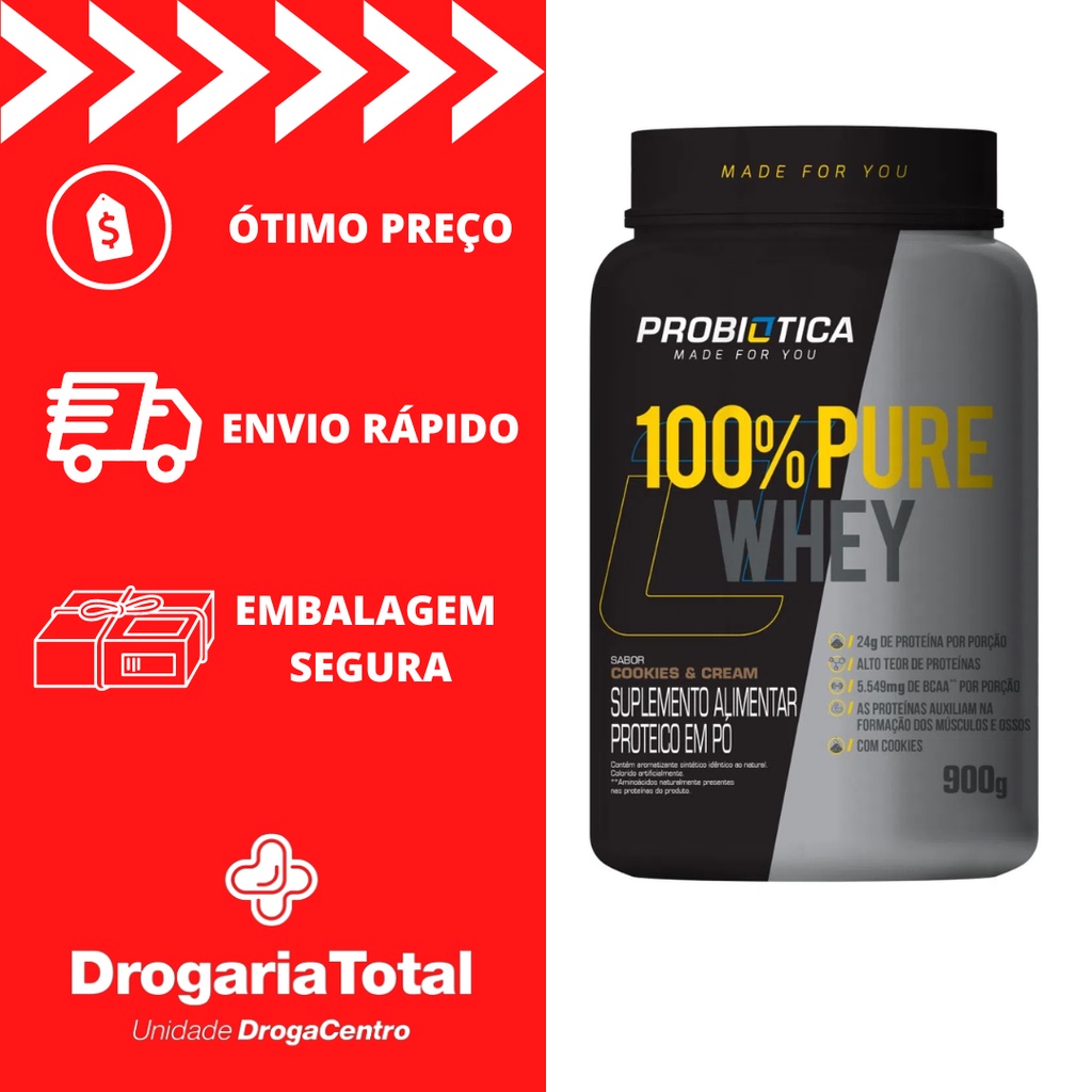 Whey 100% Pure Whey Probiótica Pote 900g Sabor Cookies & Cream Suplemento Alimentar