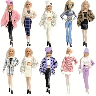 Conjunto de moda 4 peças/jaqueta de colete de pelúcia com estampa de leopardo/adequado para bonecas Barbie de 30cm/brinquedos para meninas
