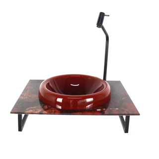 GABINETE COM CUBA DE VIDRO CHAPEU 10MM VERMELHO CEREJA COM TAMPO 50CM MARMORE AVERMELHADO MAIS TORNEIRA PRETA