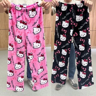 Hello Kitty Pajama Pants Kawaii Kt Cat Women Warm Casual Outono Inverno Calças De Pelúcia Macia Coral Velvet Britches