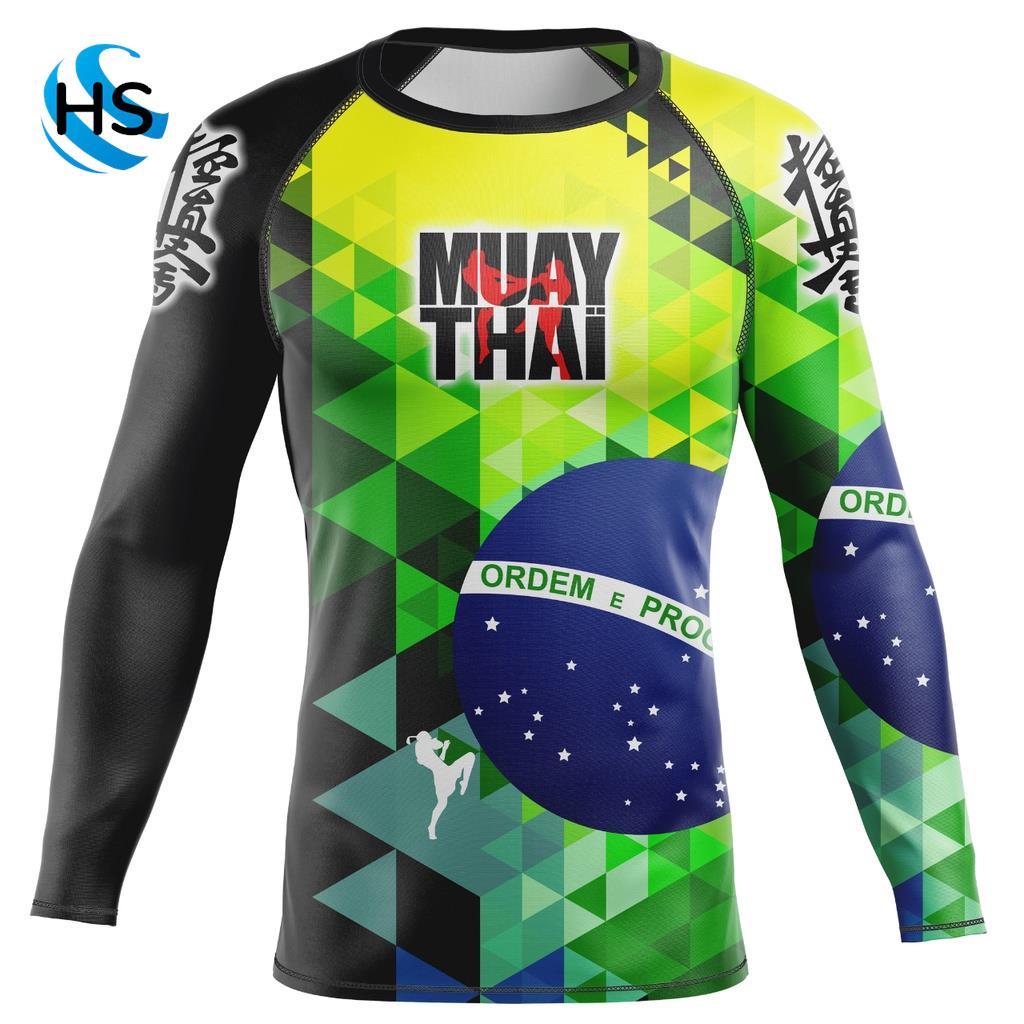 HS Camisa Rash Guard Muay Thai Segunda Pele Brasil Camiseta Amarela e ...