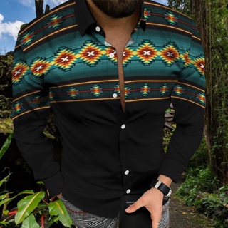 Camisa étnica masculina manga comprida asteca estampa geométrica ocidental camiseta étnica streetwear casual blusa vintage blusa de botão