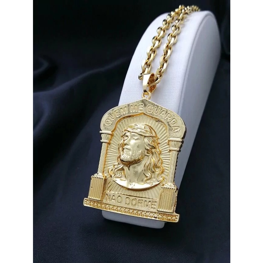 Corrente Cadeado 70cm 6mm Fecho Gaveta Banhada a Ouro 18K + Pingente Face de Cristo Quem Me Guarda Não Dorme