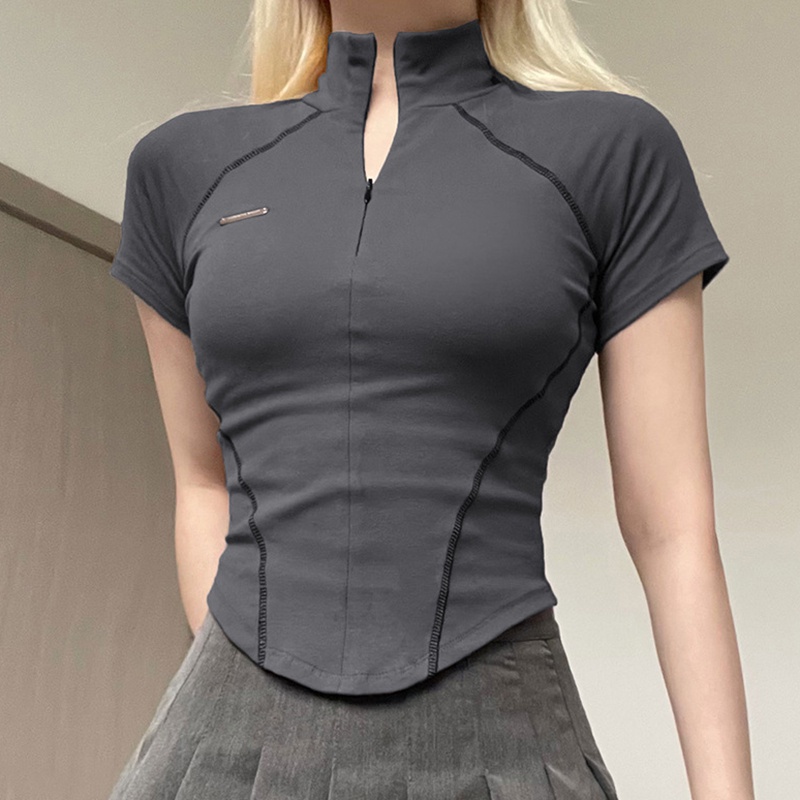 Camiseta De Manga Curta Feminina Com Zíper Estilo Minimalista Casual Bottomed Emagrecimento Slim Fit Color Blocking Tops