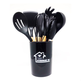 Jogo Utensílios De Cozinha Madeira E Silicone 12 Peças Preto ou Vermelho